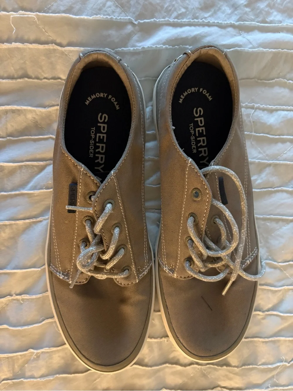 Sperry Men’s Tan Canvas Boat Shoes with White Soles